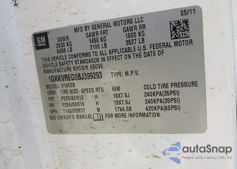 2011 GMC Acadia Slt-1 из США, поврежденный, VIN 1GKKVRED0BJ399293